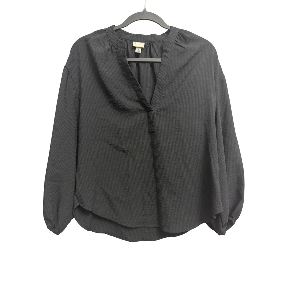 A New Day Women Black V-Neck Balloon Sleeve Textured Blouse Top Small Minimal